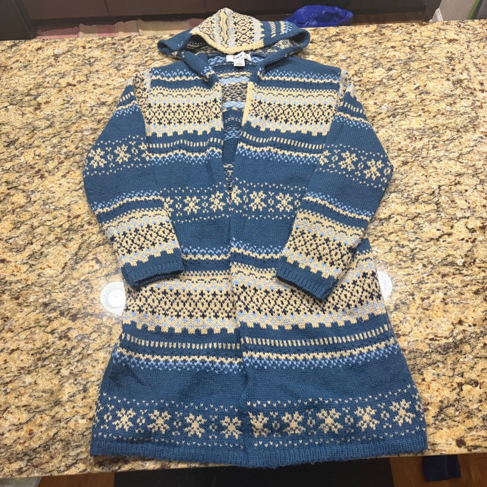 Kikit Maurice Sasson Fair Isle Hooded Cardigan Sweater Blue Snowflake Wool M